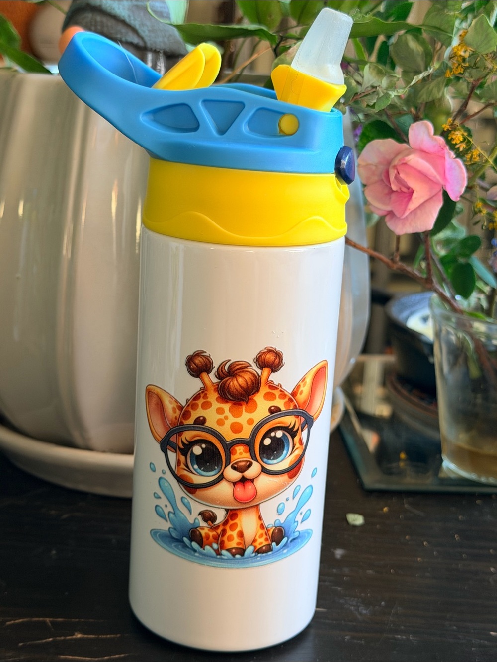 Kids Tumbler Baby Giraffe Stainless Steel Water Bottle Handmade NOT Vinyl